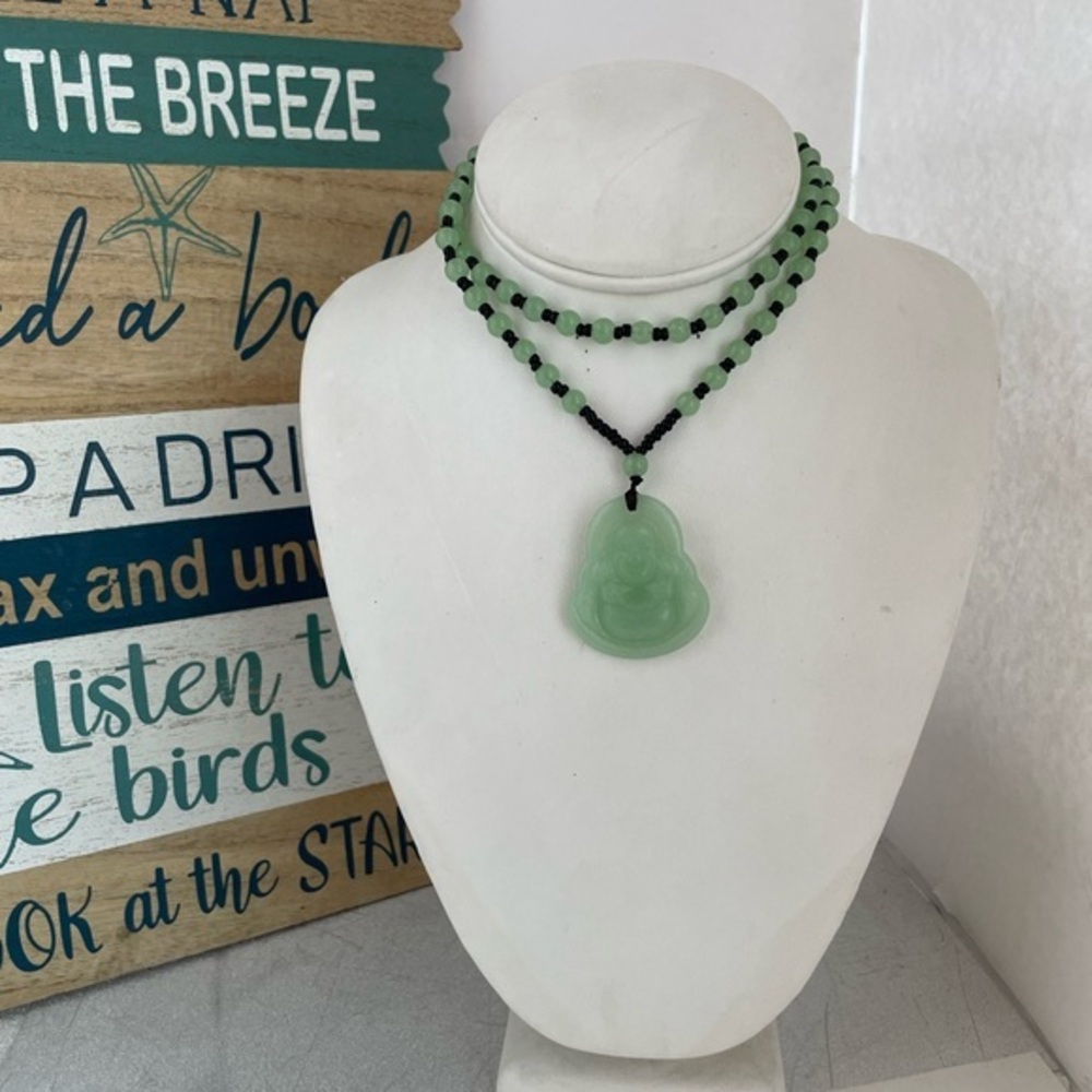 Green Beaded Buddha Pendant Necklace